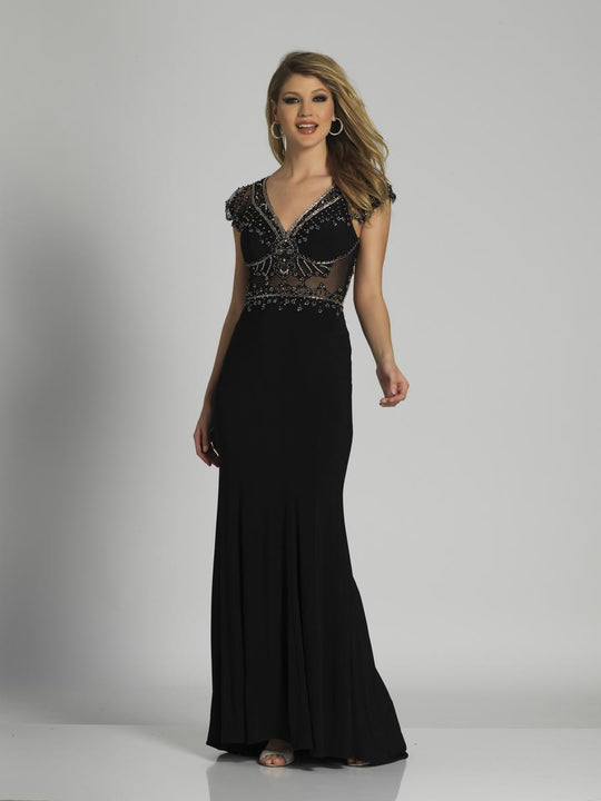 Dave & Johnny - A6074 Cap Sleeve Sheer Embellished Evening Gown in Black