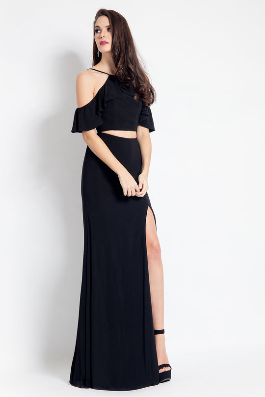 Rachel Allan  - 6197 Two-Piece Ruffled Off Shoulder Dress in Black