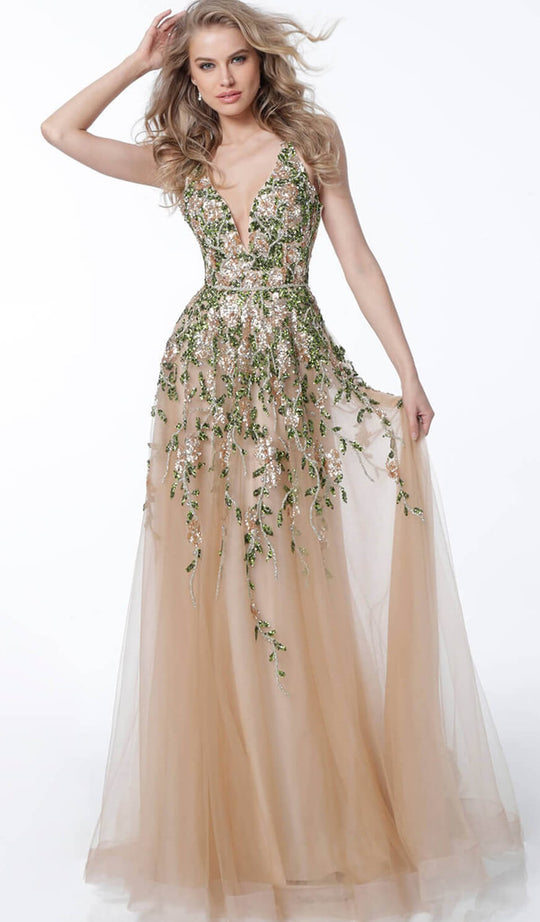 Jovani - 60800 Floral Embroidered Crisscross-Strapped Gown in Gold