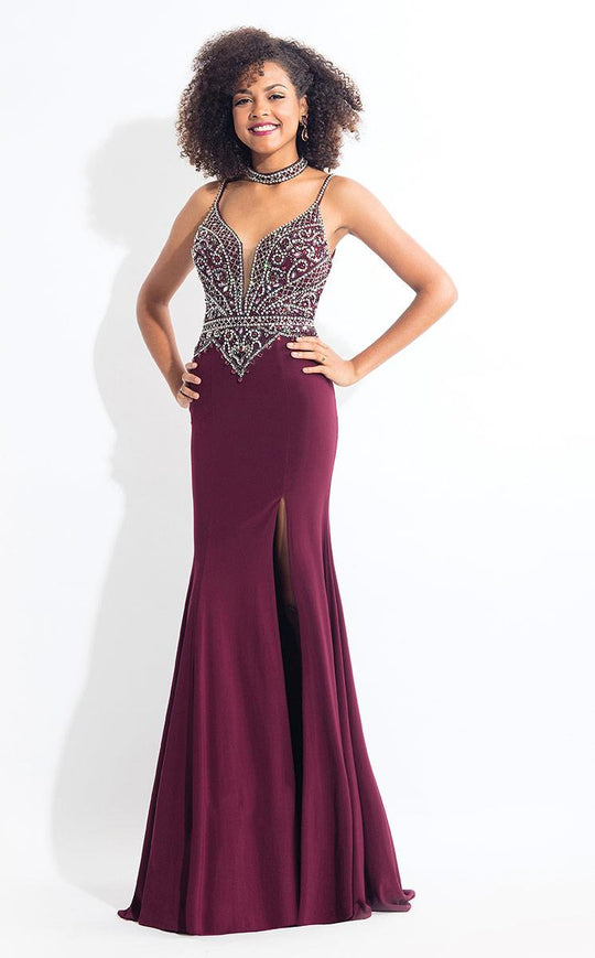 Rachel Allan  - 6080 Beaded Plunging Gown with Slit in Black and Red