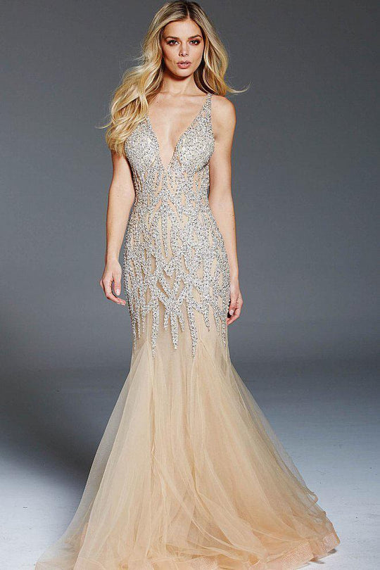 59717 Beaded Deep V-neck Tulle Trumpet Dress