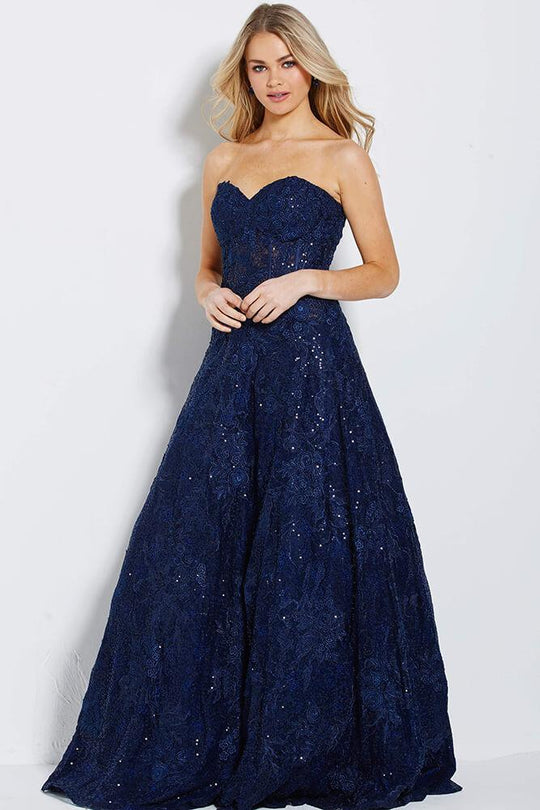 Jovani - 60815 Strapless Embroidered Sweetheart Ballgown In Blue
