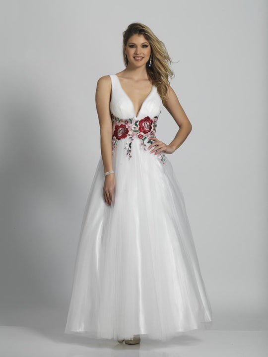Dave & Johnny - A6081 Divine Floral Embroidered A-Line Gown in White