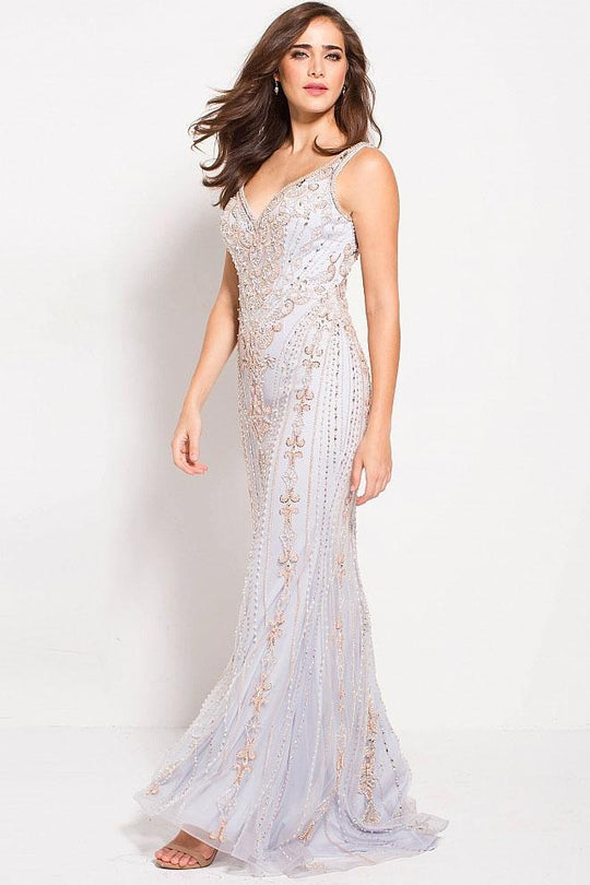 60829 Deep V-Neck Embellished Fitted Gown