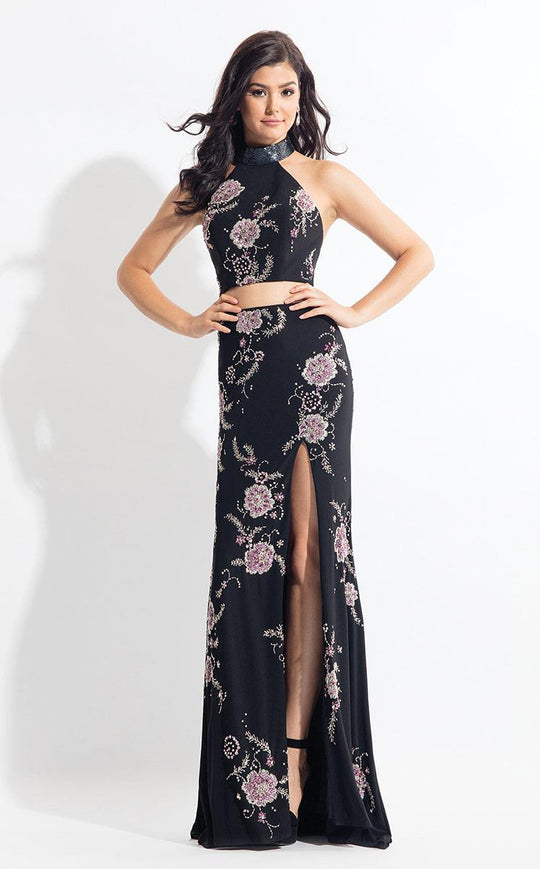 Rachel Allan  - 6086 Beaded Two Piece Floral High Halter Gown in Black