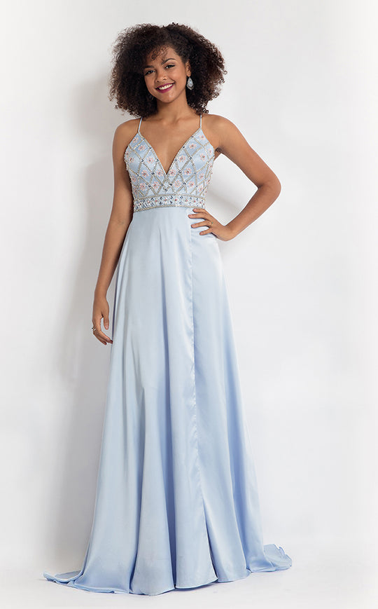 Rachel Allan  - 6088 Floral Deep V-neck A-line Dress in Blue