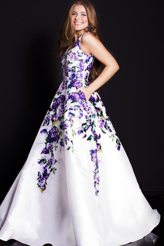 60897 Plunging V-Neck Floral Print Ballgown