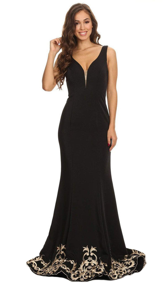 Eureka Fashion - 6090 Embroidered V-neck Stretch Satin Trumpet Dress in Black
