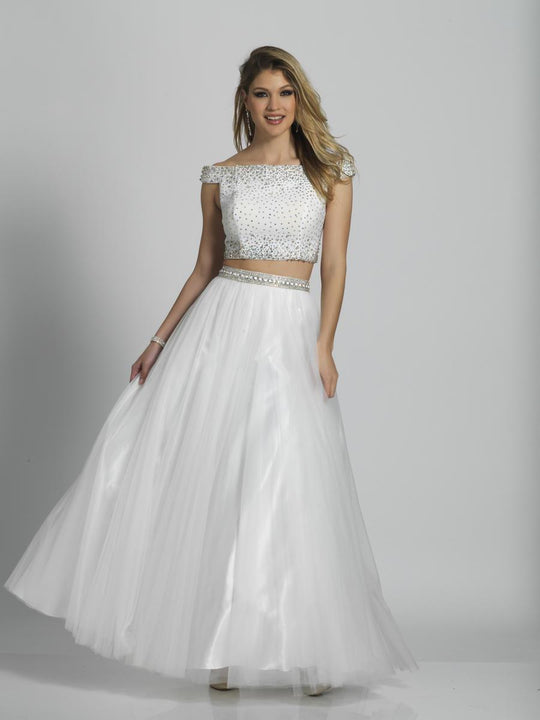 Dave & Johnny - A6092 Crystal Beaded Off Shoulder A-Line Gown in White