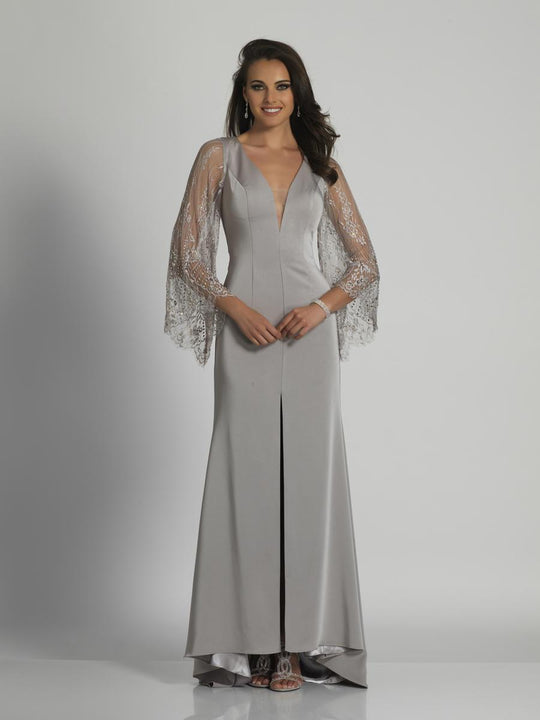 Dave & Johnny - A6095  V-Neck Gown with Flutter Lace Sleeves in Silver