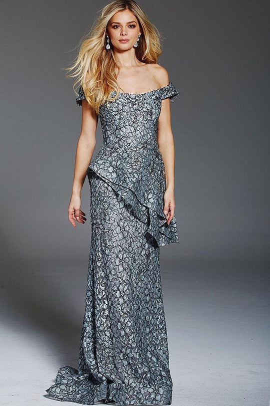 60990 Embellished Off-Shoulder Peplum Fitted Gown