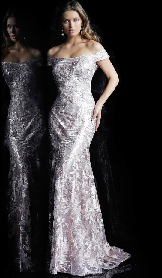 Jovani - 60991 Embroidered Off-Shoulder Trumpet Dress In Pink