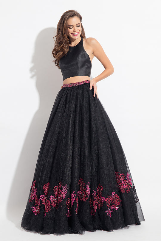 Rachel Allan  - 6099 Two Piece Floral Embroidered Gown in Black and Red