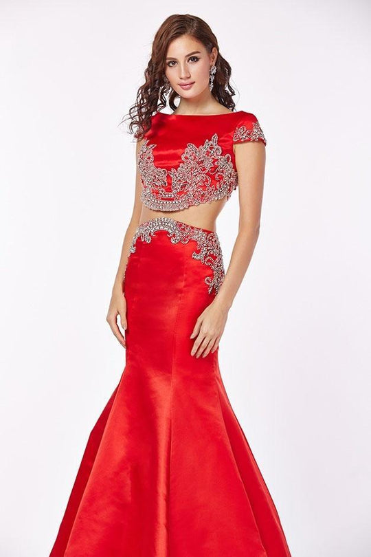 Angela & Alison - 61036 Cap Sleeve Silver Filigree Two-Piece Gown In Red