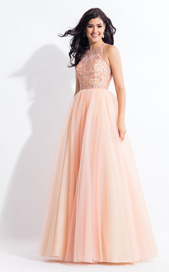 Rachel Allan  - 6103 Beaded Illusion Halter Tulle A-line Dress in Pink