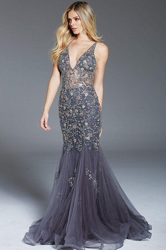 61040 Floral Beaded Deep V-neck Trumpet Gown