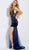 Jovani - 61086 Floral Beaded Illusion High Slit Gown in Blue