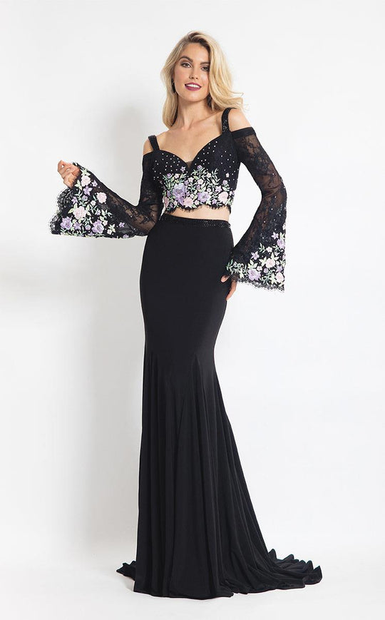 Rachel Allan  - 6108 Two Piece Floral Bell Sleeves Dress in Black
