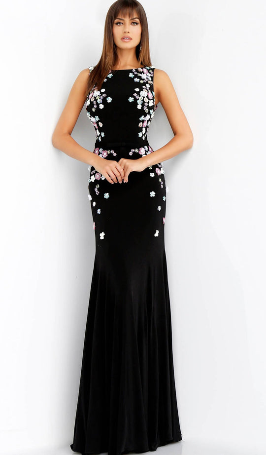 Jovani - 61096 Floral Applique Bateau Trumpet Dress