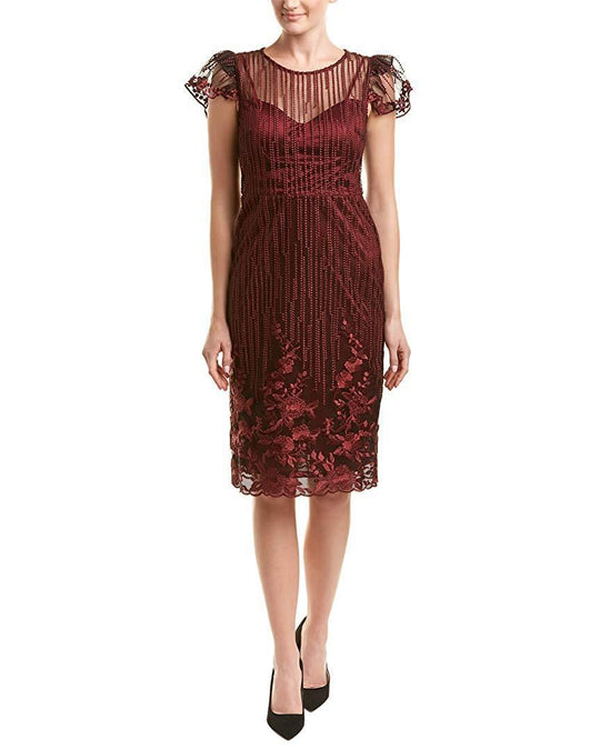 Taylor - 9898M Knee Length Foliage Embroidered Illusion Dress In Red