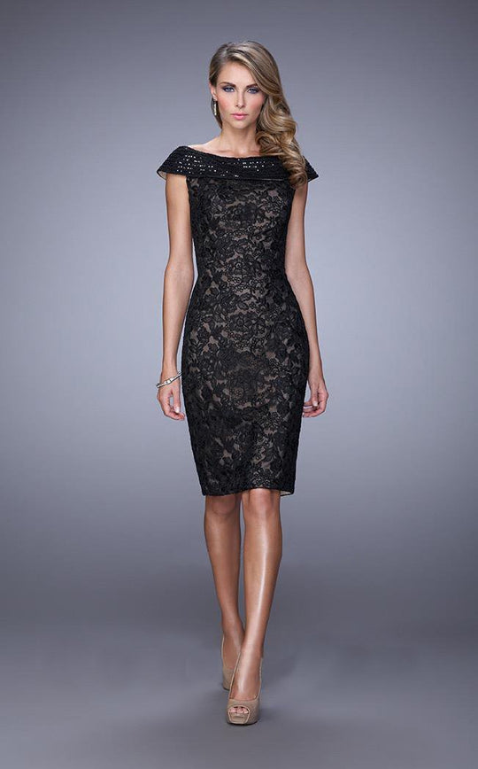 La Femme - 21649 Sequined and Lace Cocktail Dress In Black Nude