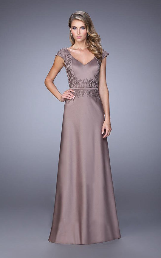 La Femme - 21652 Stretch Satin Embroidered Gown In Cocoa