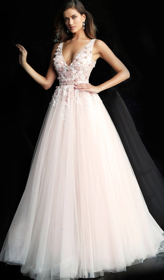 Jovani - 61109 Floral Applique Plunging V-neck Tulle Ballgown in Pink