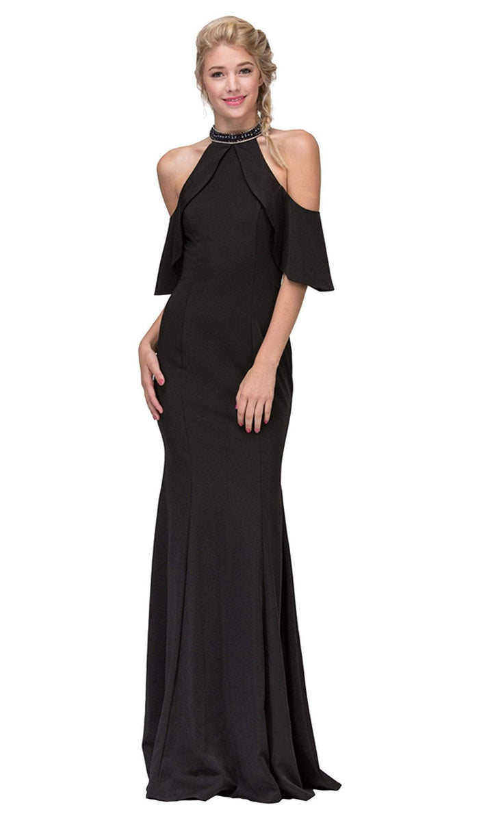 Embellished High Halter Satin Sheath Evening Dress