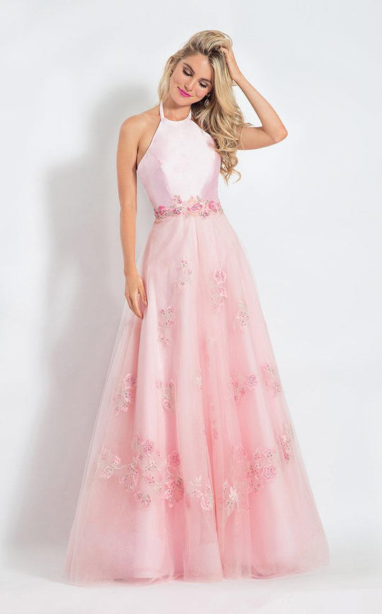 Rachel Allan  - 6110 Floral Embroidered Halter Gown in Pink