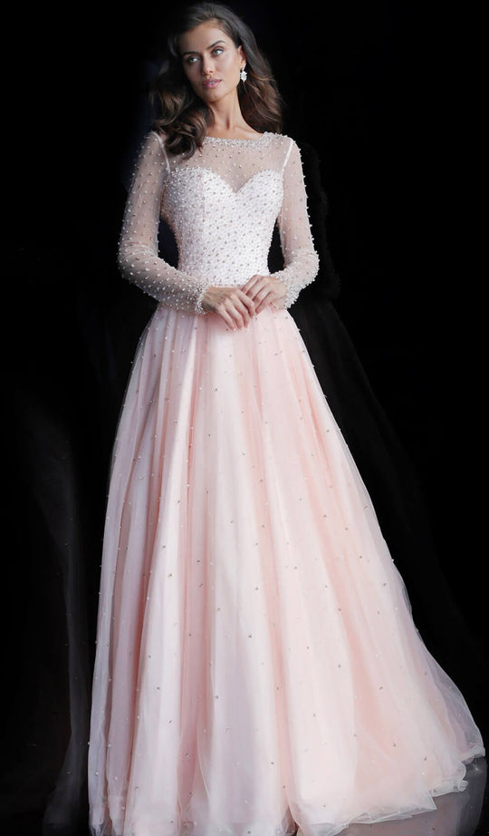 Jovani - 61118 Scattered Sequined Long Sleeve A-Line Gown in Pink