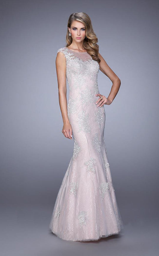 La Femme - 21699 Ornate Lace Applique Evening Gown In Pink and Gray