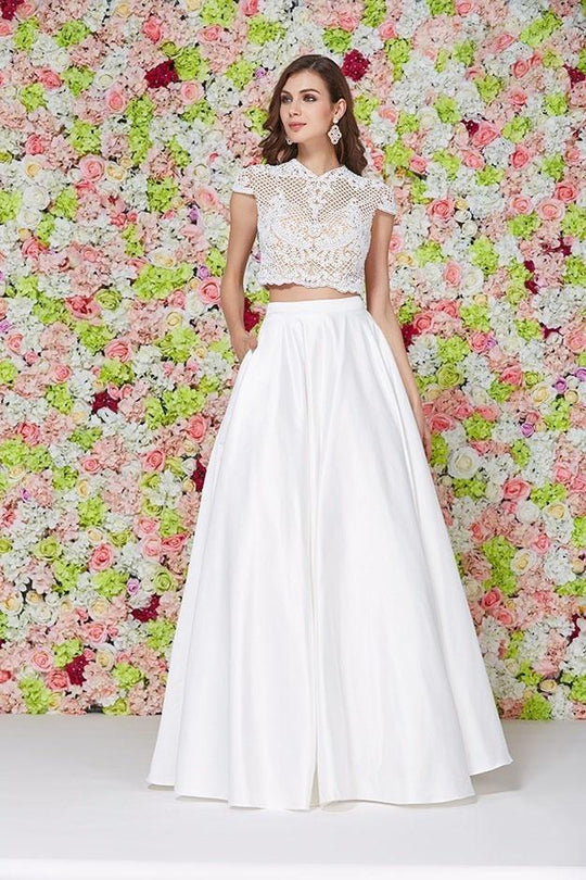 Angela & Alison - 61121 Cap Sleeve Ornate Mandarin Two-Piece Gown In White