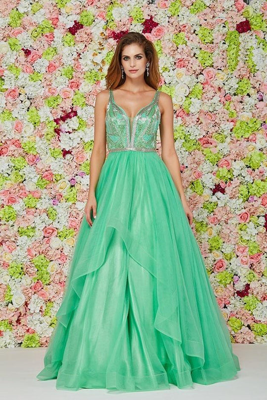 Angela & Alison - 61124 Beaded Plunging Striped Ballgown In Green