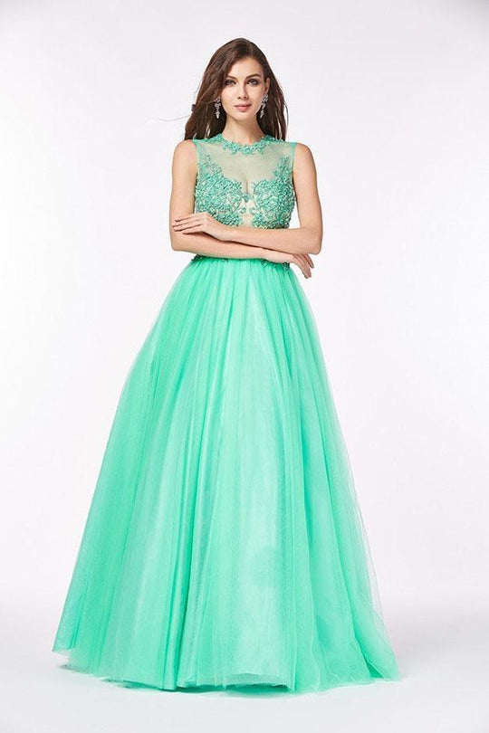 Angela & Alison - 61126 Illusion Floral Lace Festooned Ballgown In Green