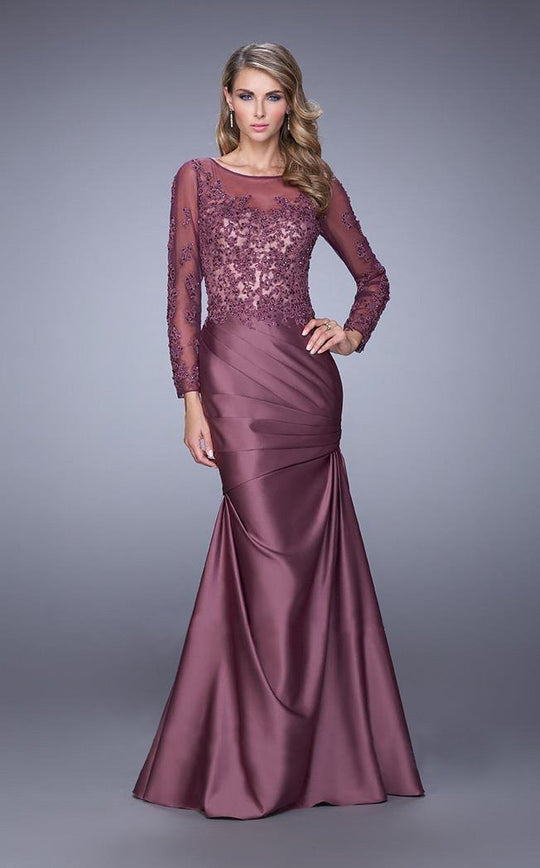 La Femme Appliqued Long Sleeve Pleated Trumpet Gown 21708 - 1 pc Pewter in Size 12, 1 pc Navy In Size 18 Available