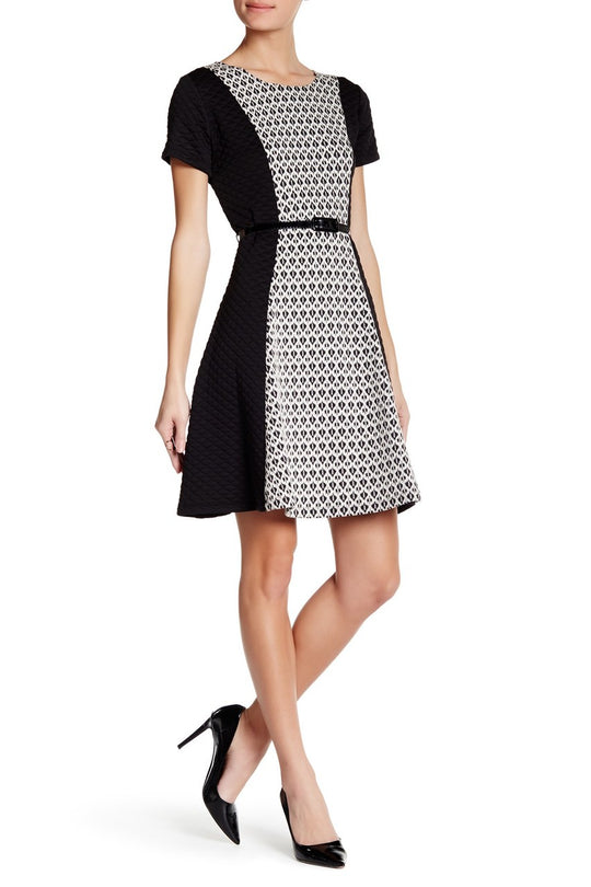 Nina Leonard - L22980 Scoop Neck Quilted Short Dress in White and Black