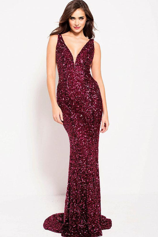 61186 Sequined Plunging Fitted Gown