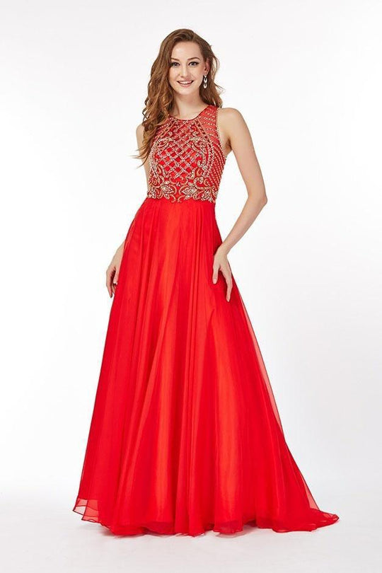 Angela & Alison - 61191 Illusion Gilt Beaded A-Line Gown In Red