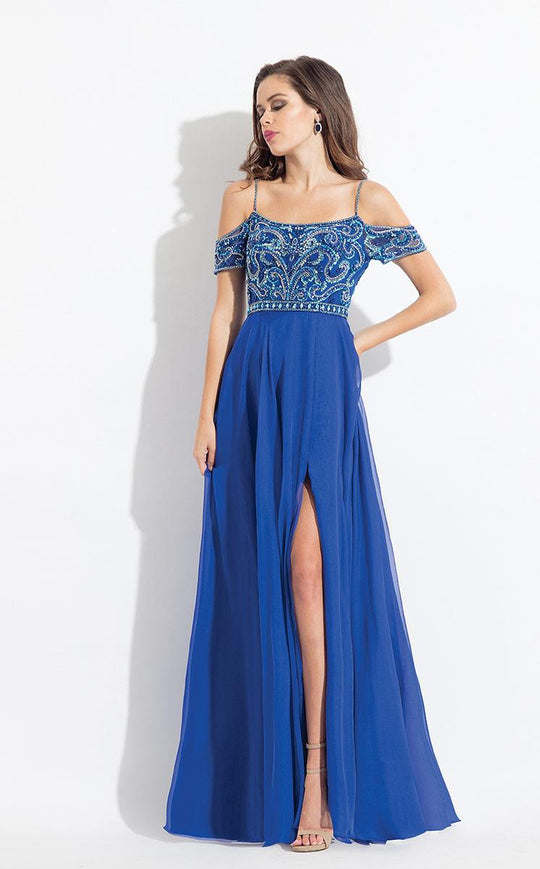 Rachel Allan  - 6119 Beaded Chiffon A-line Dress in Blue