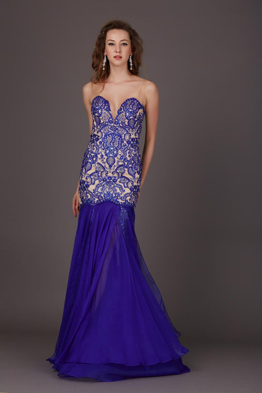 Angela & Alison - 61205 Beaded Strapless Fitted Evening Dress in Blue and Neutral