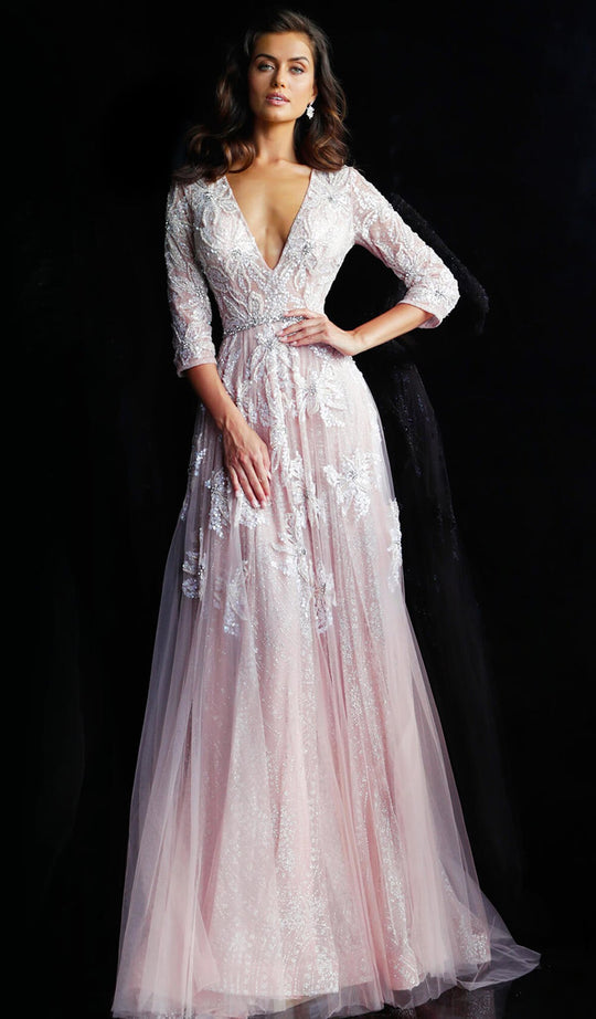 Jovani - 61222 Floral Beaded Plunging V-Neck A-Line Gown In Pink