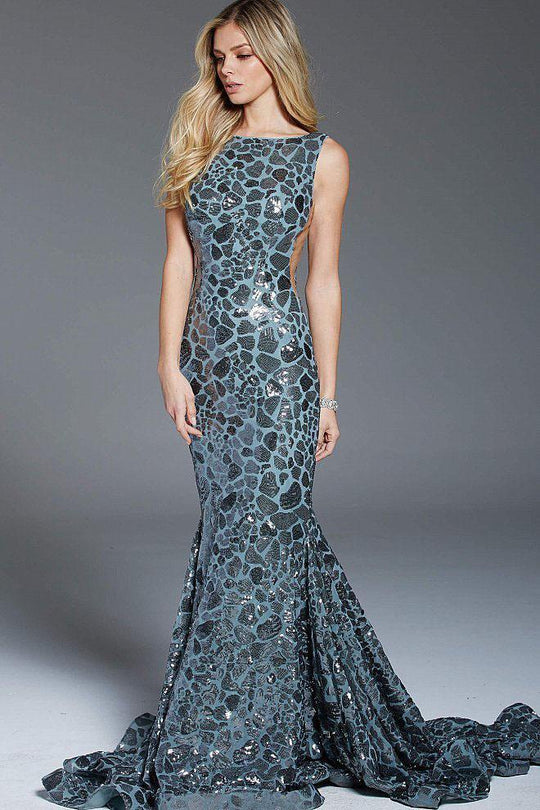 61229 Sequined Bateau Trumpet Gown