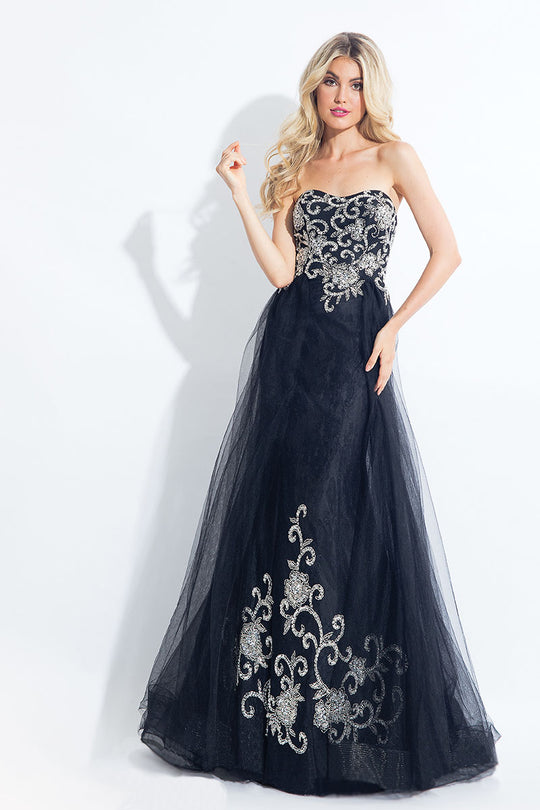 Rachel Allan  - 6125 Strapless Embellished Lace Overlay Gown in Black