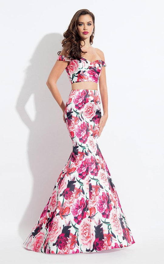 Rachel Allan  - 6127 Floral Print Off-Shoulder Mermaid Dress in White and Pink