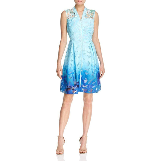 Elie Tahari - E50G3607 Floral Lace Pleated A-line Dress In Blue and Green