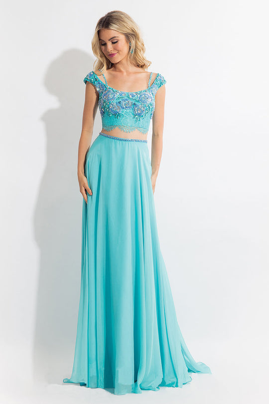 Rachel Allan  - 6130 Cap Sleeve Floral Two-Piece Gown in Blue and Green