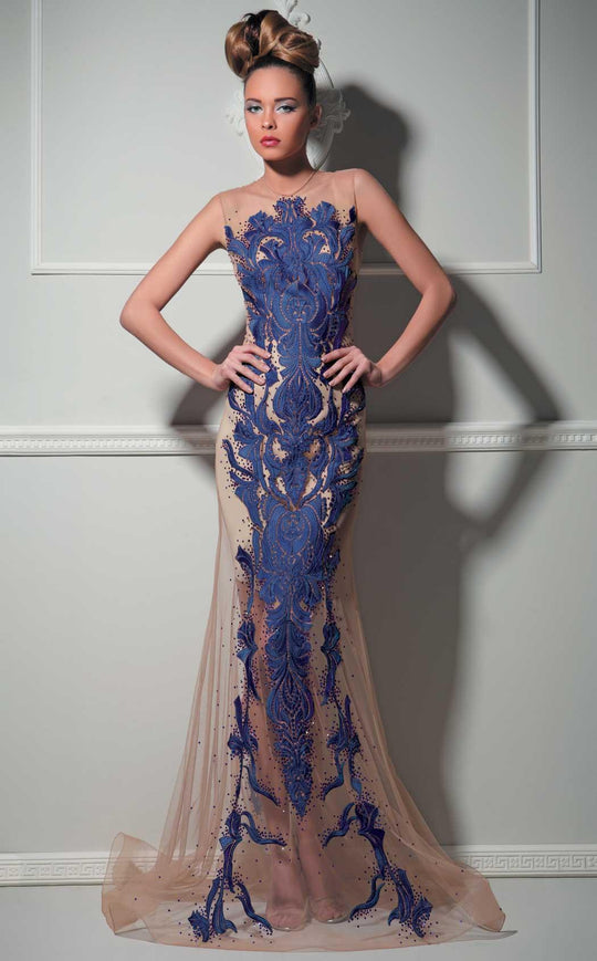 MNM Couture - 1430 Embroidered Lace Illusion Gown in Blue