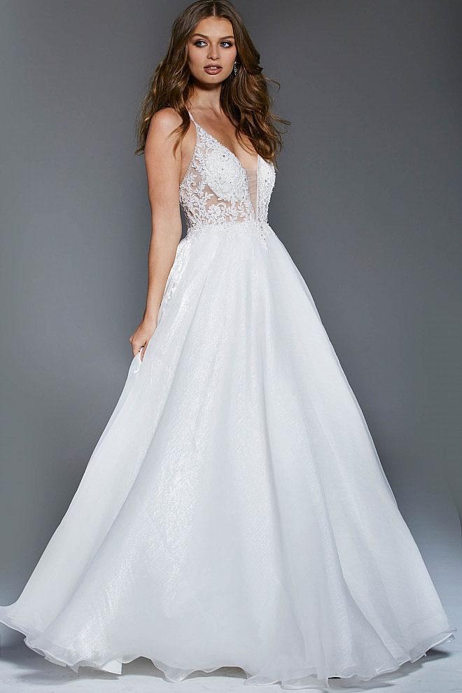 61353 Beaded Lace Deep V-neck Ballgown