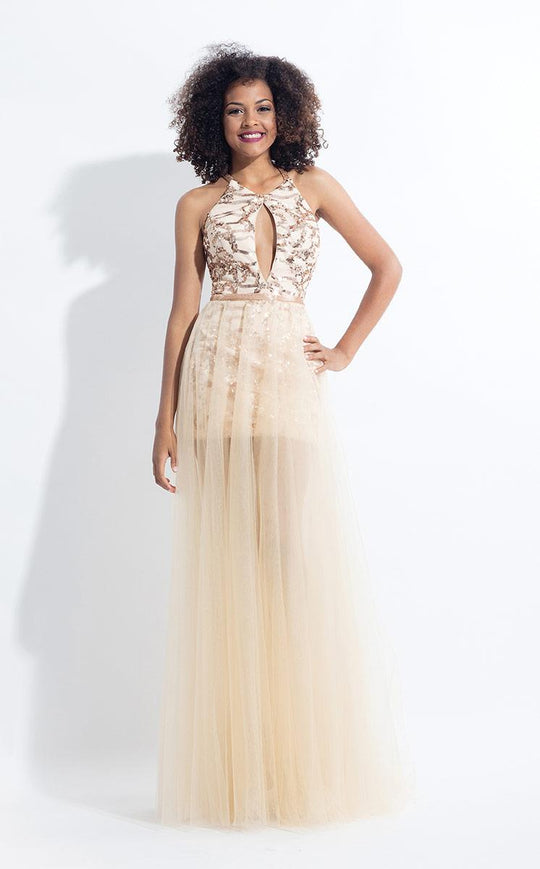Rachel Allan  - 6135 Sequined Halter Gown with Overskirt in Neutral