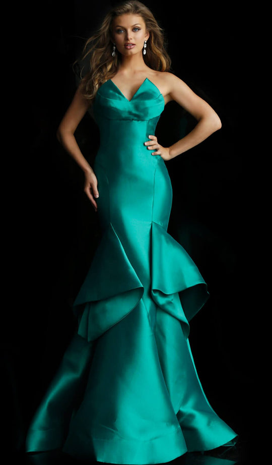 Jovani - 61377 Strapless V Neck Tiered Ruffle Mermaid Gown In Green